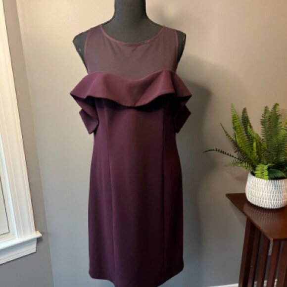 CLEAR OUT - JS Collections Off Shoulder Mesh top Cocktail Dress Burgundy 0024 - Picture 1 of 3